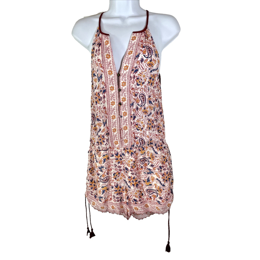 SAYLOR Noelle Multicolor Paisley Floral Racerback Romper Tassels Beaded Sz S